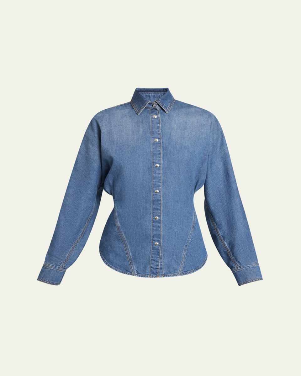 Seamed Button-Down Denim Top
